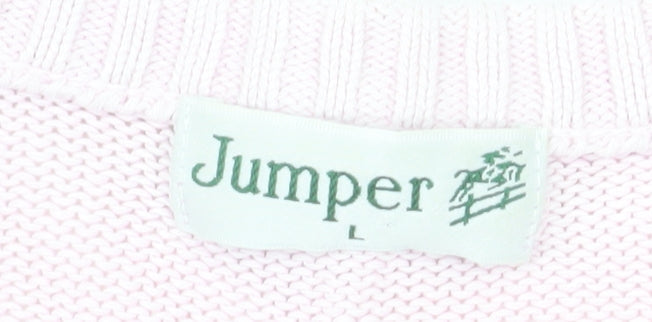 Jumper Womens Pink V-Neck Cotton Cable Knit Pullover L