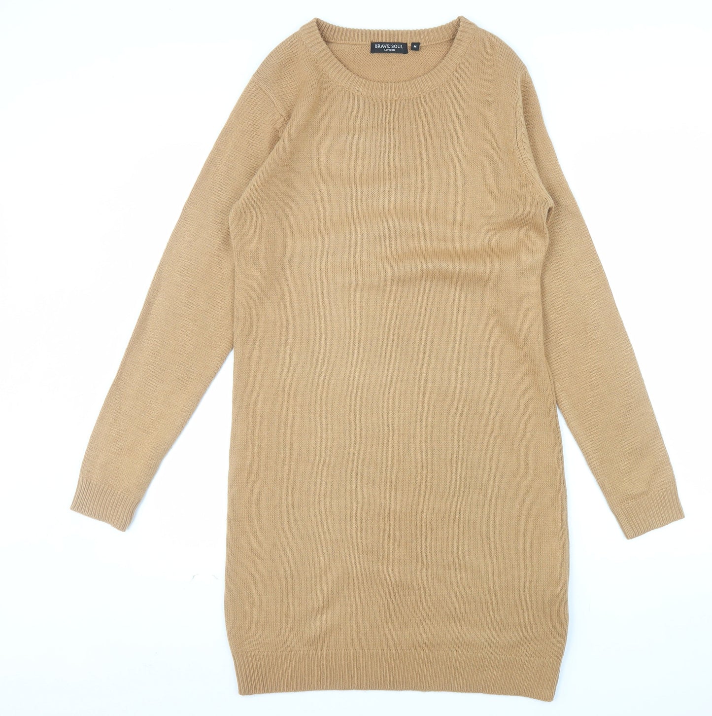 Brave Soul Women Camel Beige Long Sleeve Knit Jumper Dress M