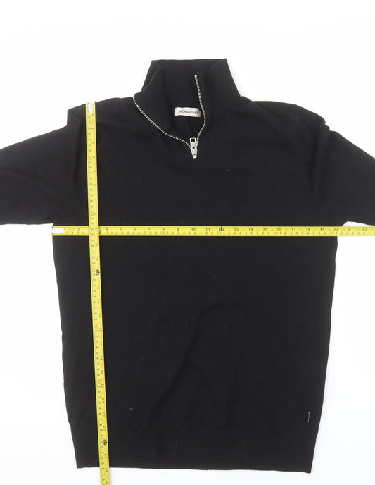 Jack & Jones Men's Black Half Zip High Neck Cotton Blend Jumper M