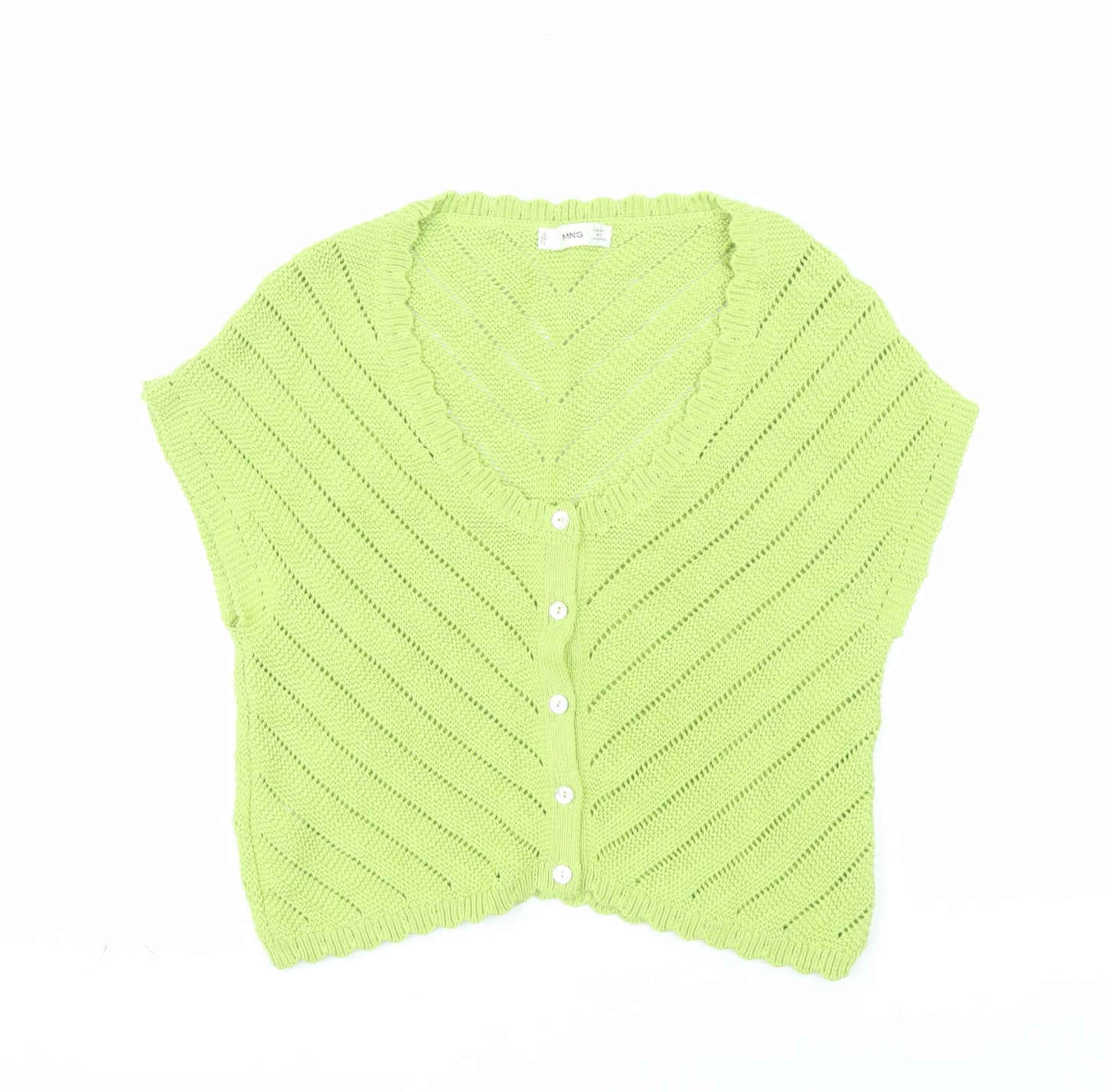MNG Women Green V-Neck Short Sleeve Knit Cardigan Size L