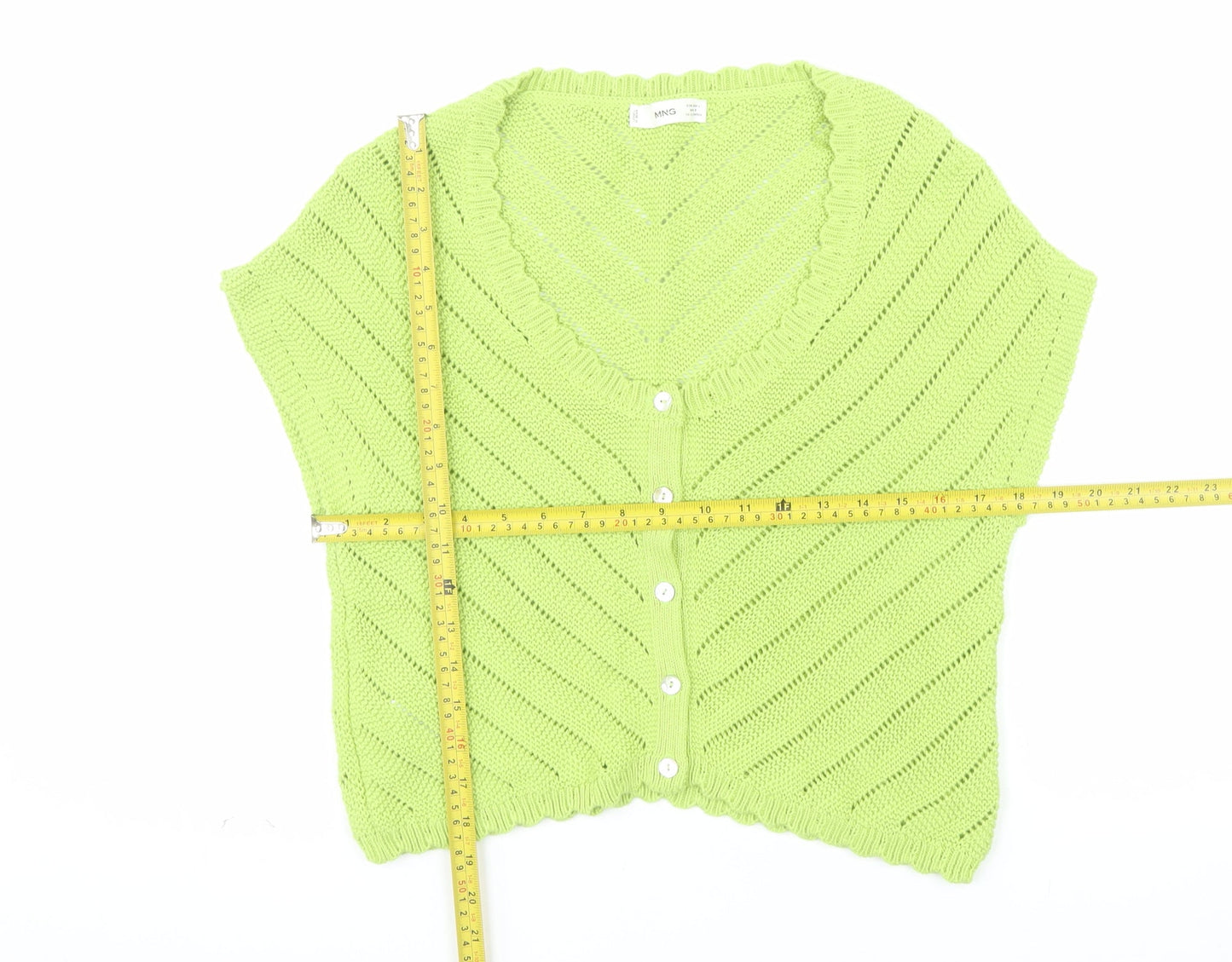 MNG Women Green V-Neck Short Sleeve Knit Cardigan Size L
