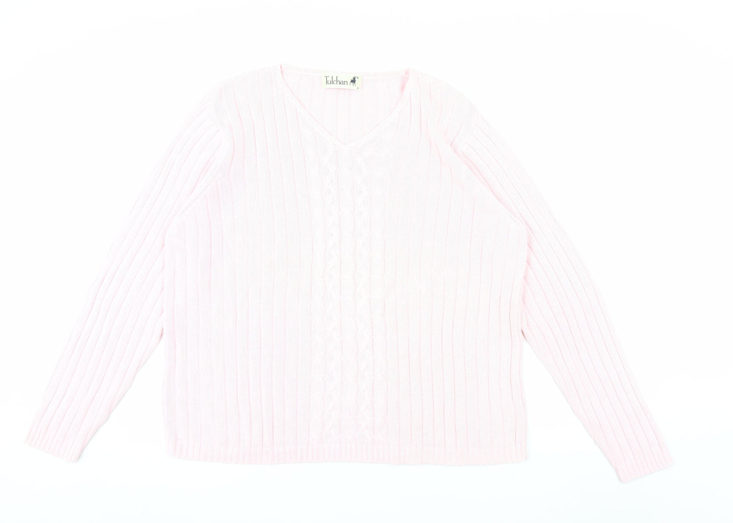 Tulchan Women Pink Cotton V-Neck Cable Knit Jumper Size L