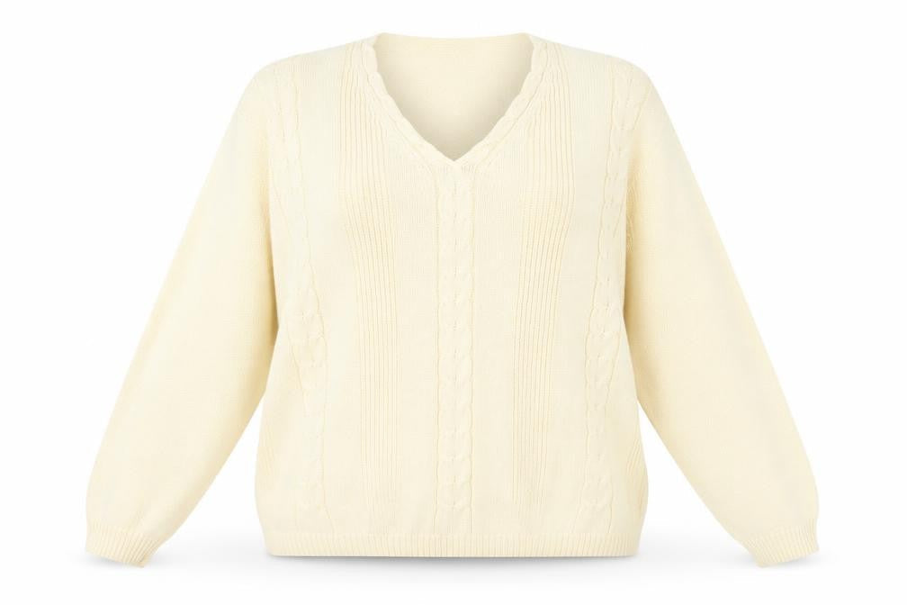 Jumper Womens Beige V-Neck Cotton Cable Knit Pullover L