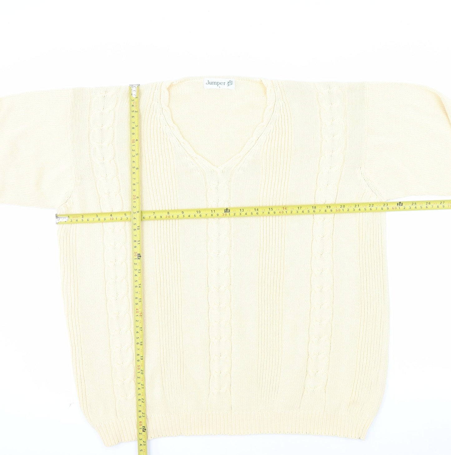 Jumper Womens Beige V-Neck Cotton Cable Knit Pullover L