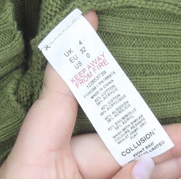 Collusion Women's Green Roll Neck Logo Jumper Size 4