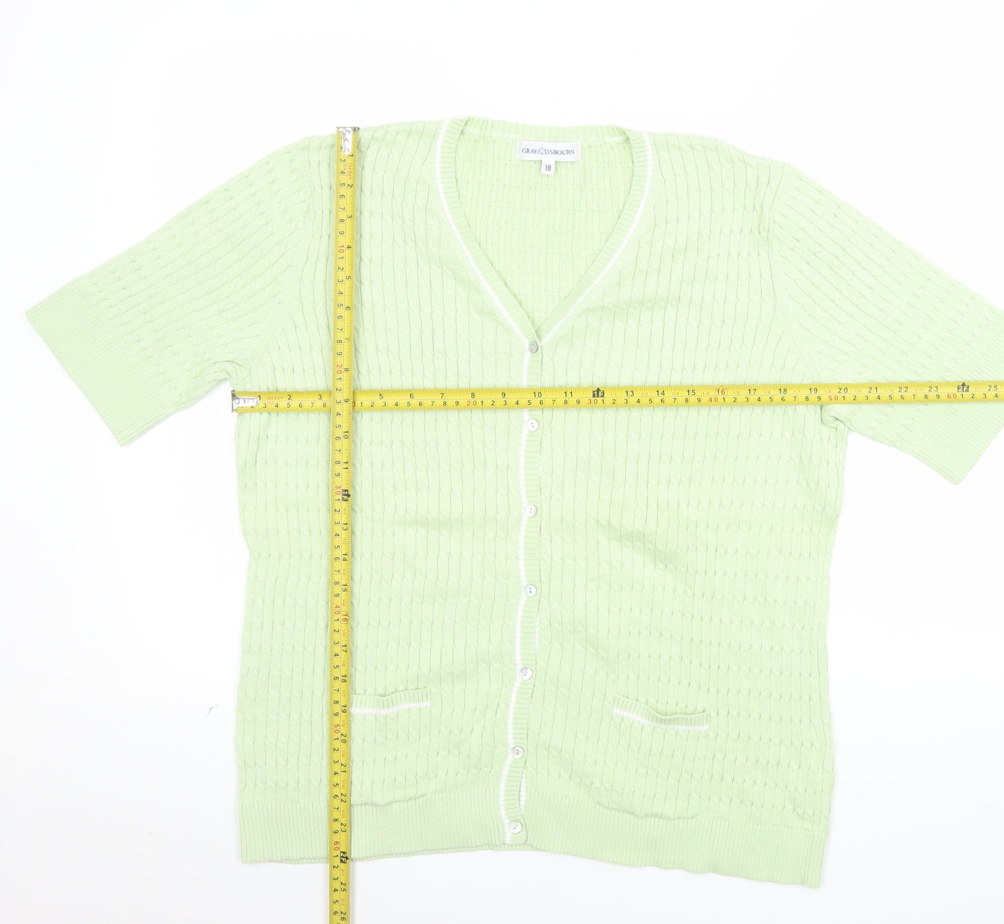 Gray & Osbourn Women's Green Cotton V-Neck Short Sleeve Cardigan Size 18