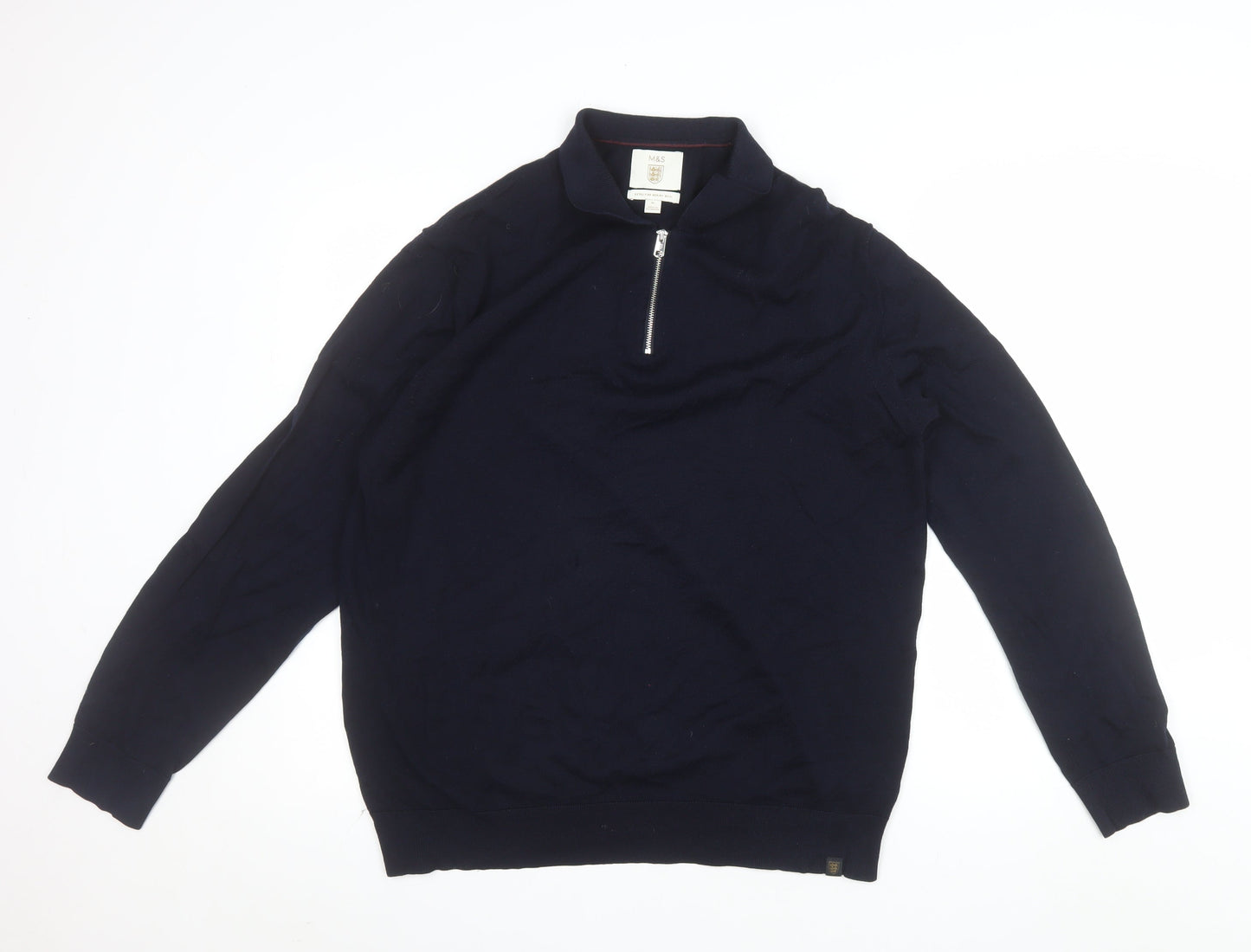 Marks and Spencer Men's Blue XL Merino Wool Half Zip Jumper