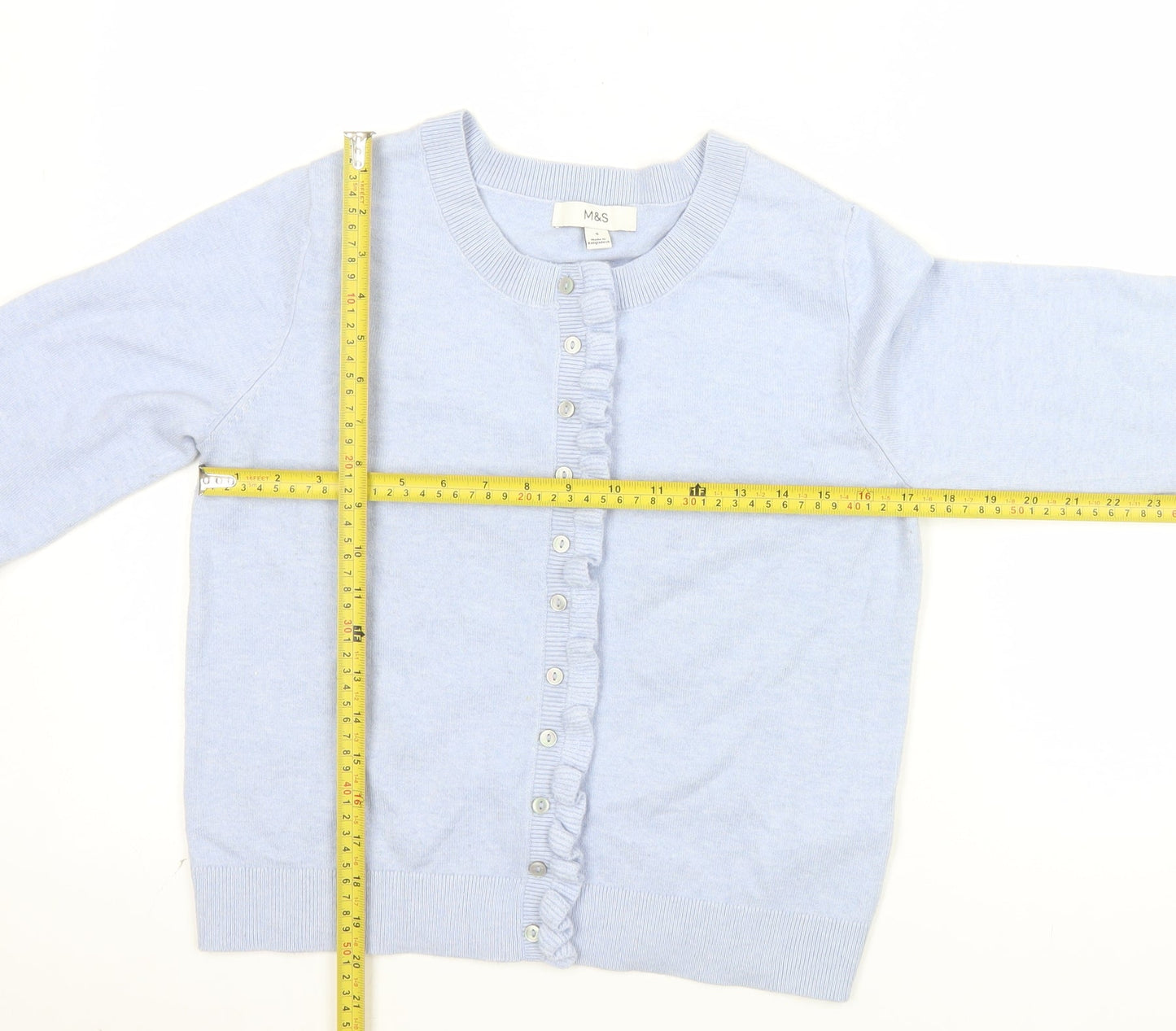 Marks and Spencer Women Blue Button Cardigan Small Ruffle Trim Knit