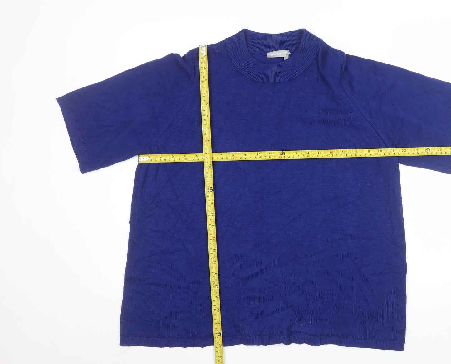 Fransa Womens Blue Mock Neck Short Sleeve Pullover Jumper Size L