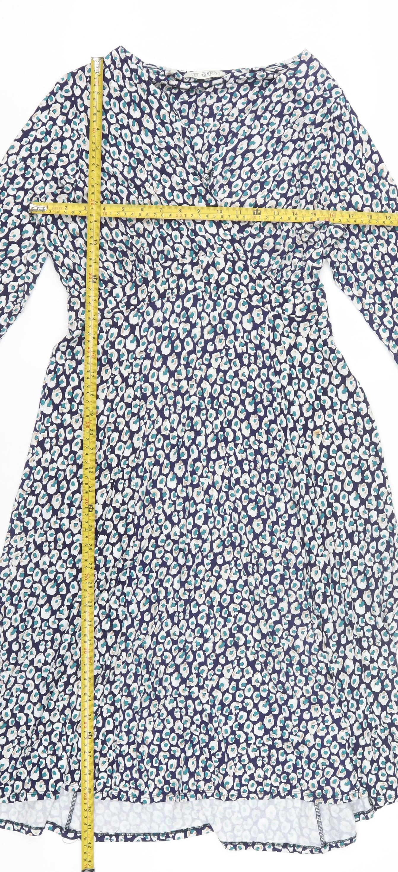 BHS Women’s Blue Animal Print Wrap Dress Size 14 V-Neck 3/4 Sleeve