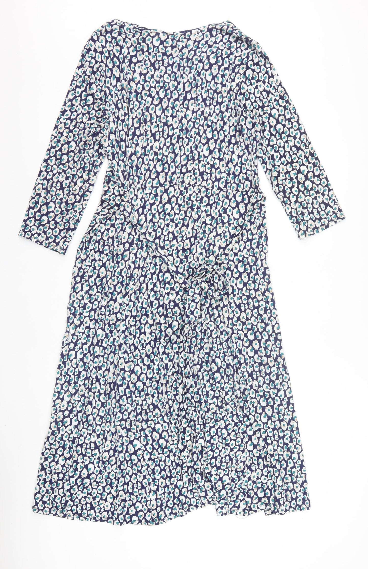 BHS Women’s Blue Animal Print Wrap Dress Size 14 V-Neck 3/4 Sleeve