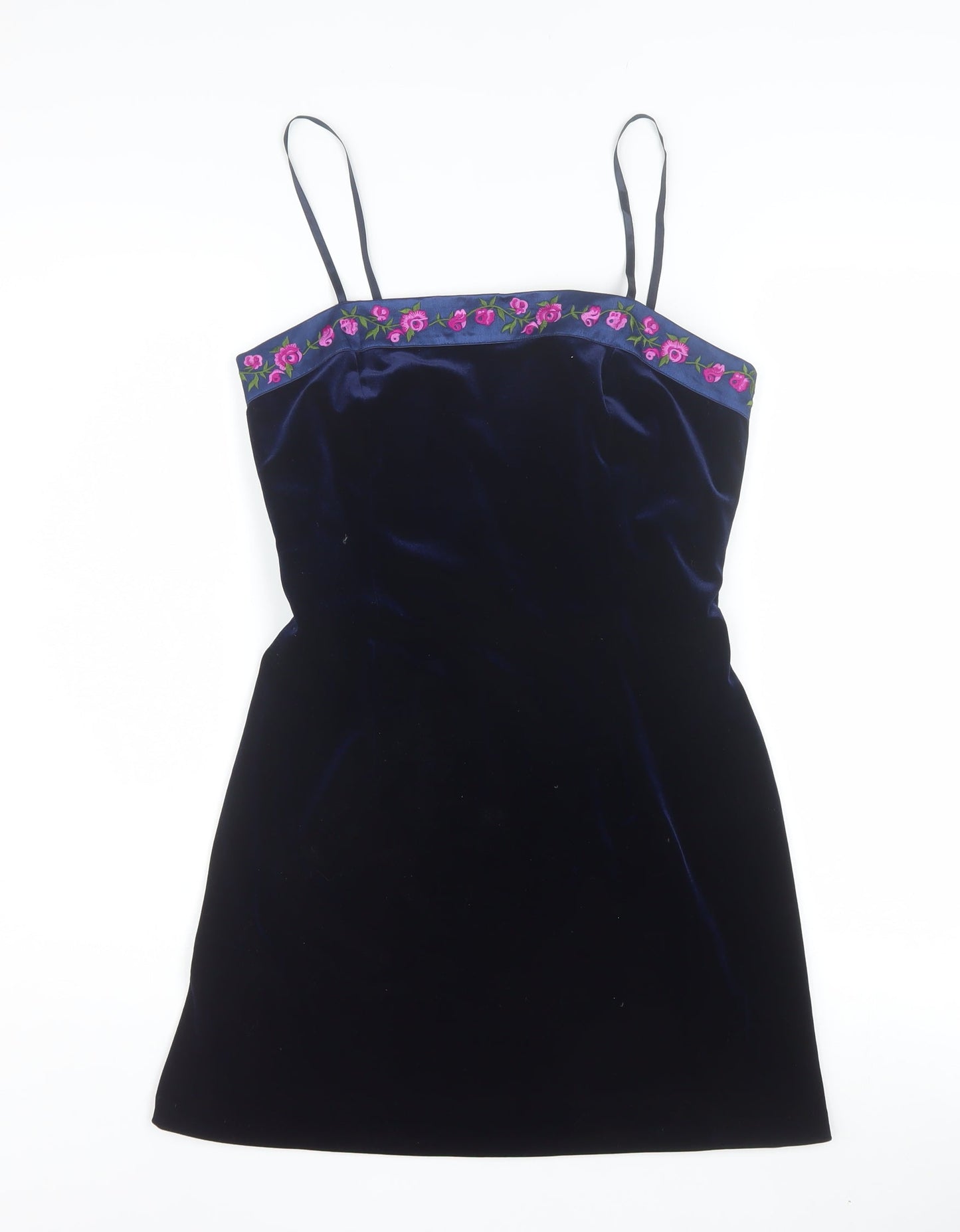 Papell Boutique Women Blue Velvet Slip Dress Size 8 Embroidered