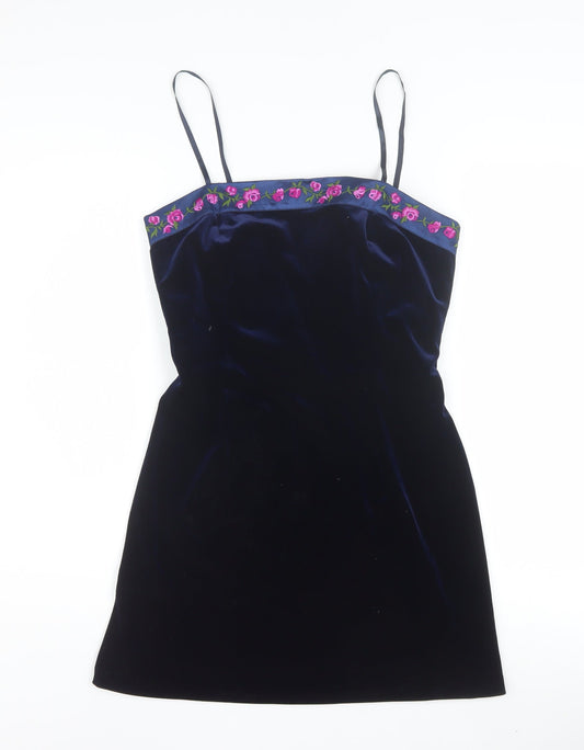 Papell Boutique Women Blue Velvet Slip Dress Size 8 Embroidered