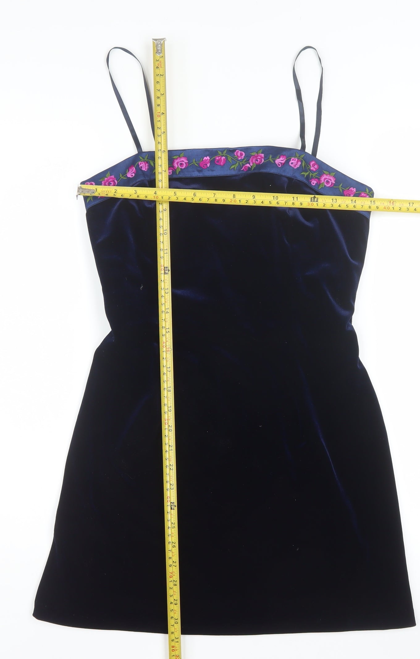 Papell Boutique Women Blue Velvet Slip Dress Size 8 Embroidered