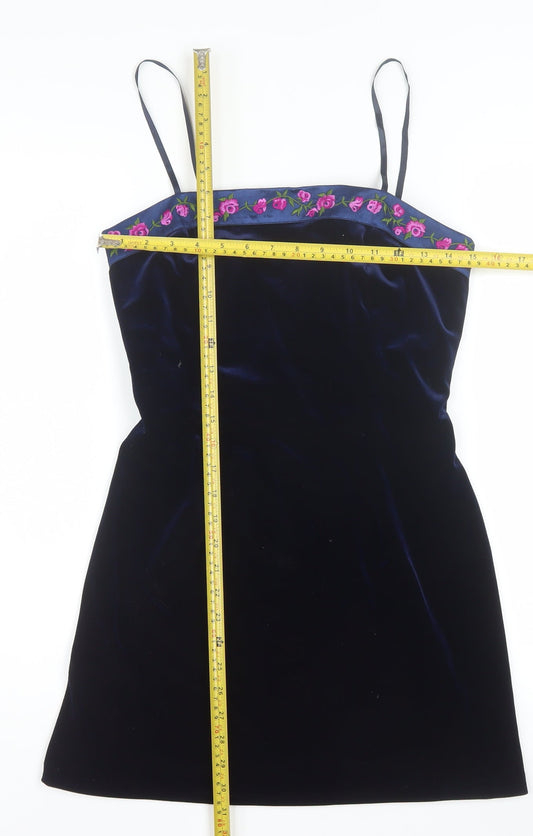 Papell Boutique Women Blue Velvet Slip Dress Size 8 Embroidered