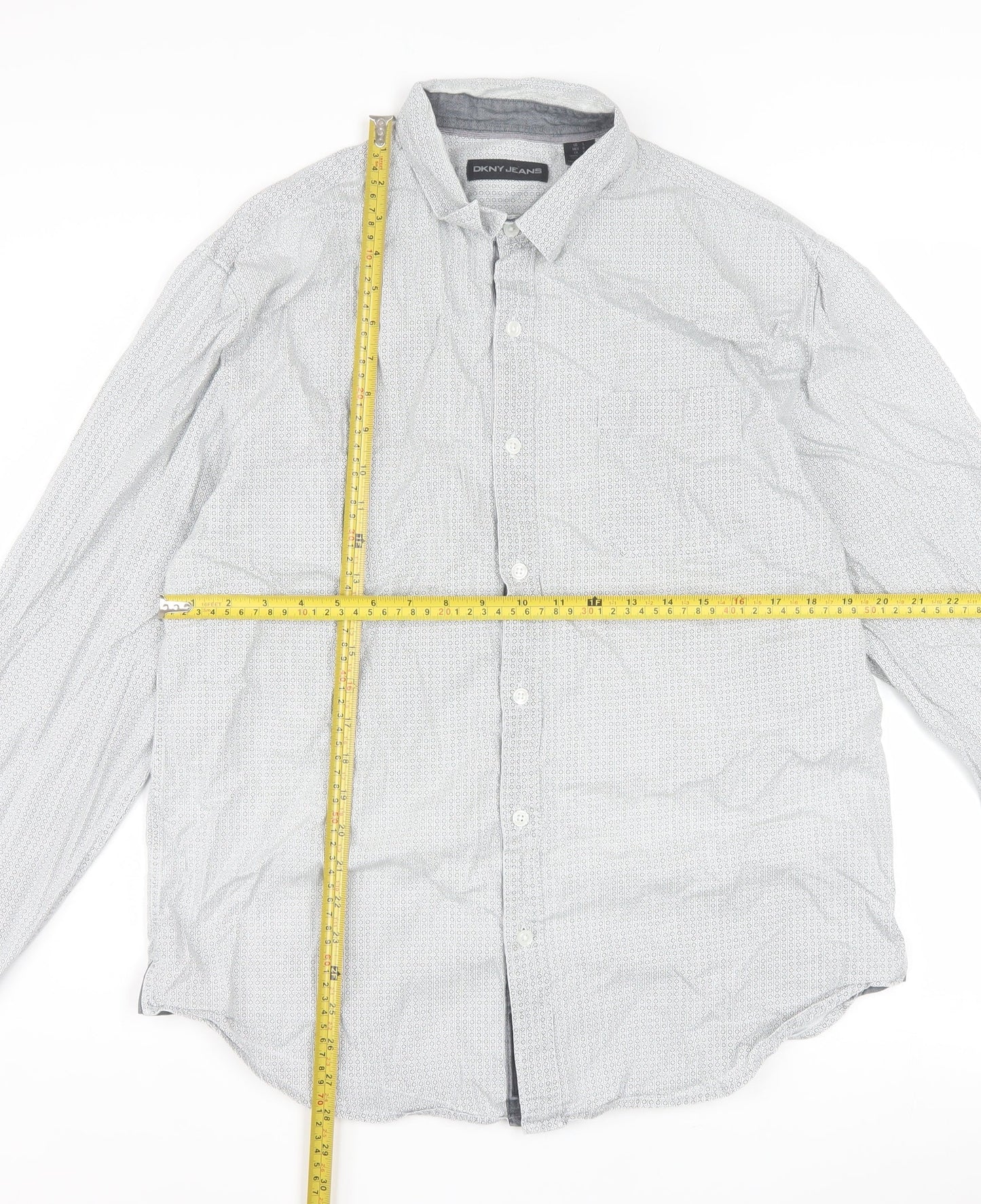 DKNY Jeans Men's Grey Geometric 100% Cotton Long Sleeve Regular Fit Dress Shirt L