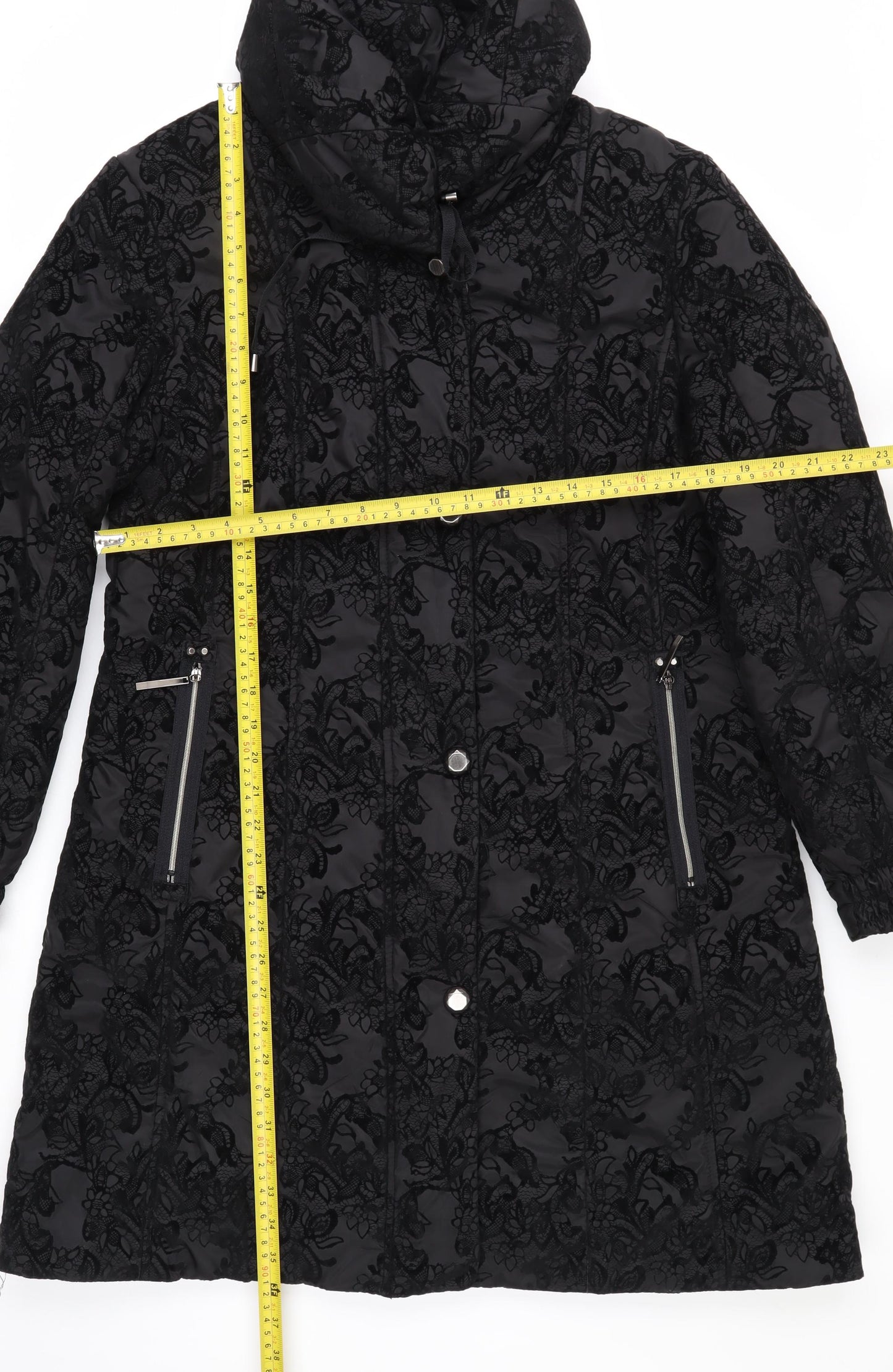 Klass Women’s Black Lace Long Puffer Coat Size M Winter Jacket