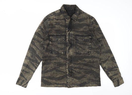 AllSaints Men's Green Camouflage Relaxed Fit Cotton Button-Up Shirt Small