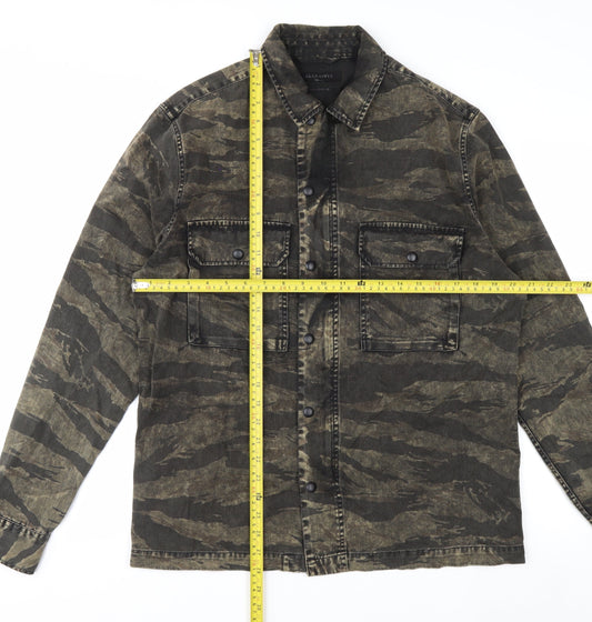 AllSaints Men's Green Camouflage Relaxed Fit Cotton Button-Up Shirt Small