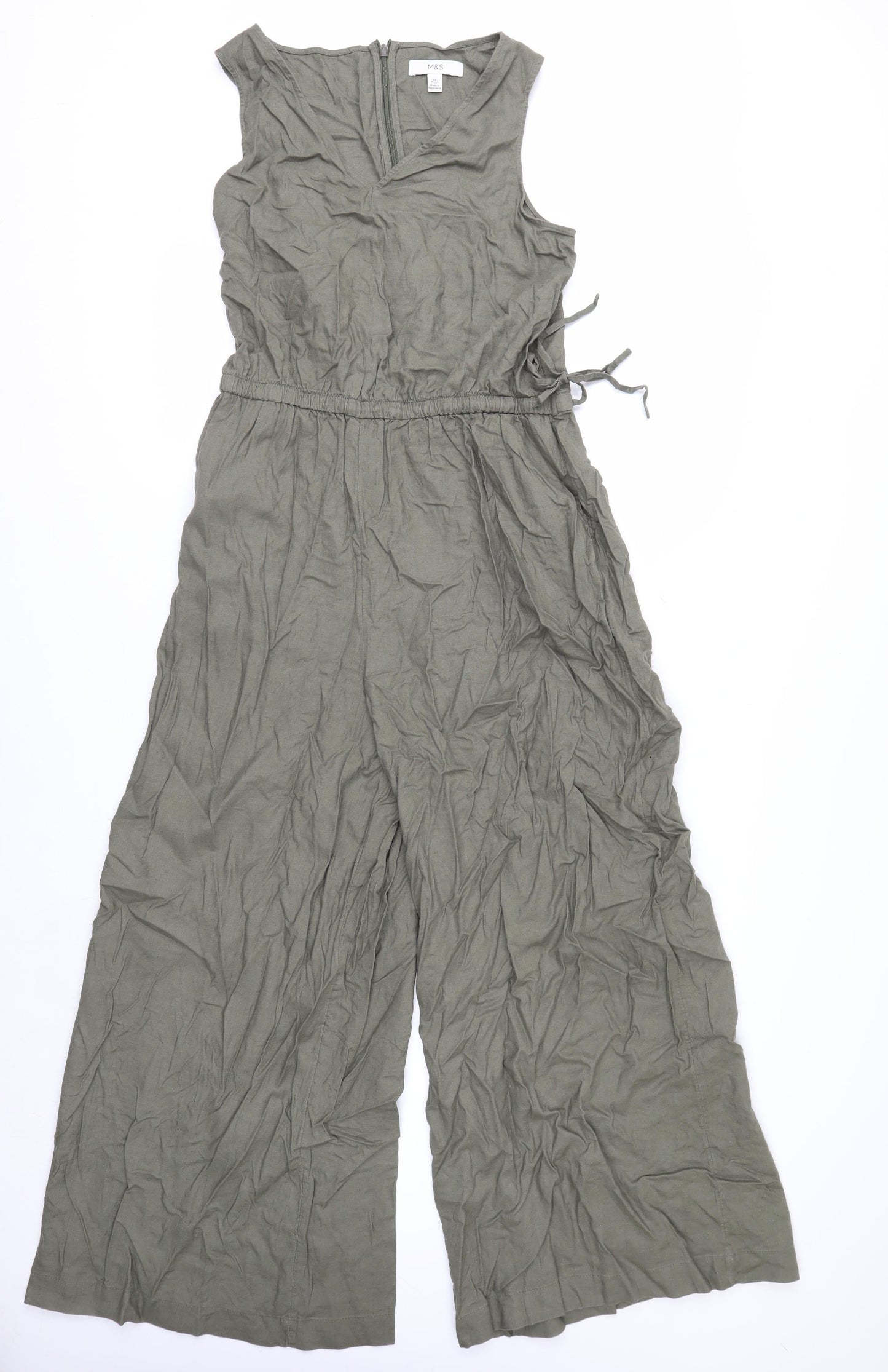 Marks and Spencer Women’s Green Linen Petite Wide-Leg Jumpsuit Size 10