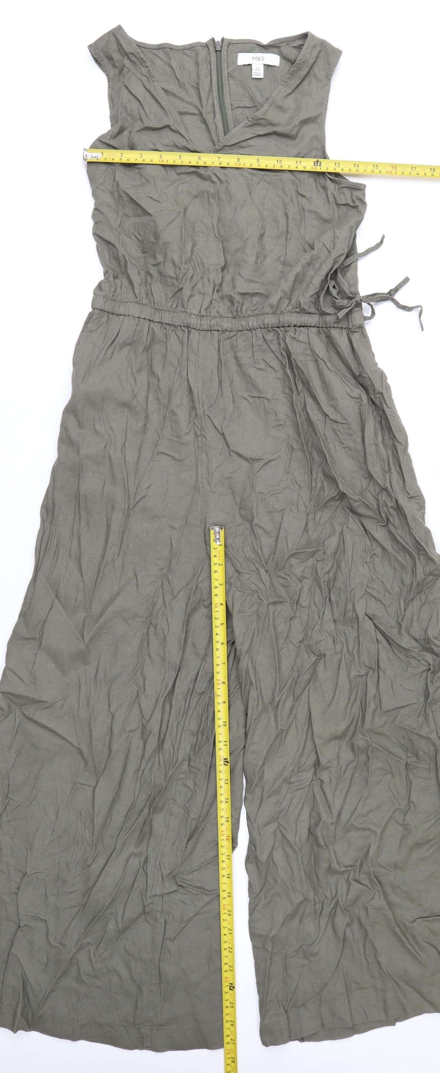 Marks and Spencer Women’s Green Linen Petite Wide-Leg Jumpsuit Size 10