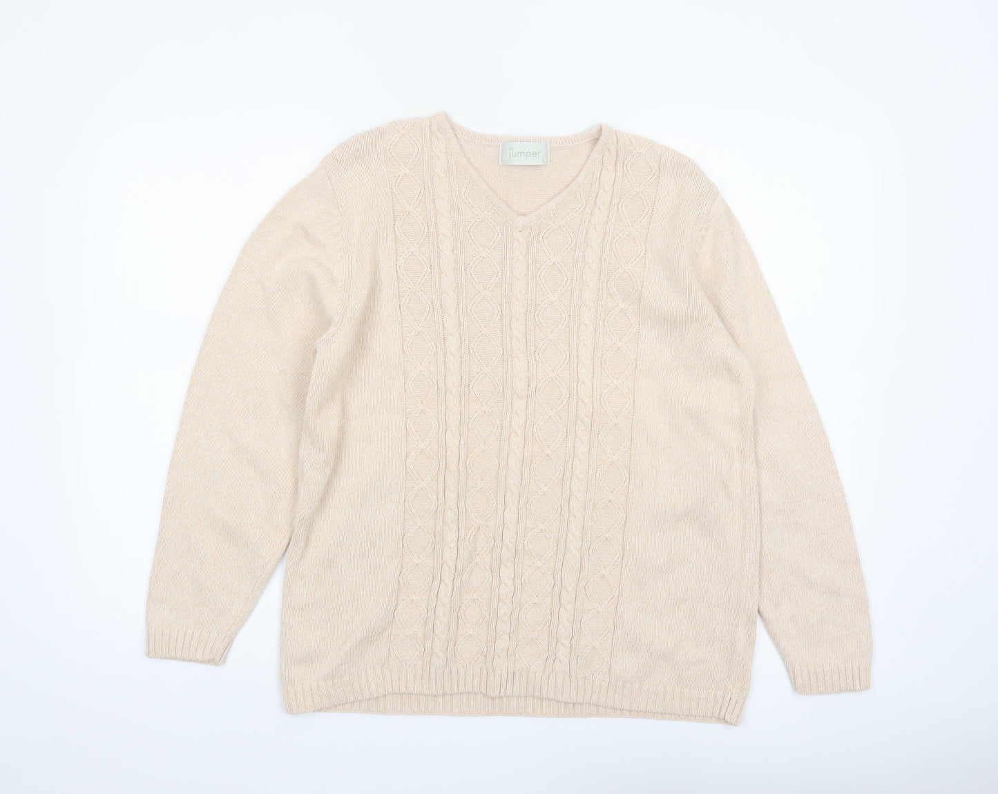 Jumper Women Beige V-Neck Cable-Knit Cotton Pullover L