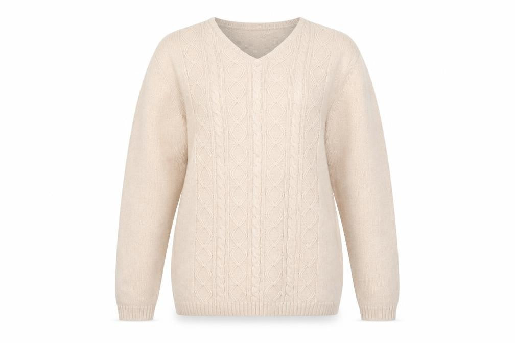 Jumper Women Beige V-Neck Cable-Knit Cotton Pullover L
