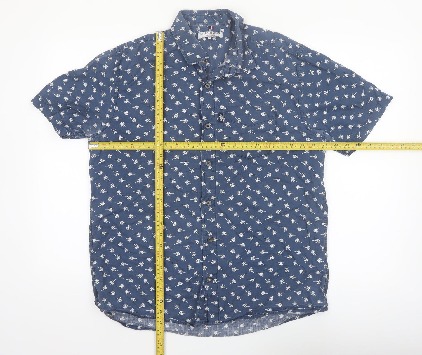 U.S. Polo Assn. Men's Blue Tropical Print Cotton Short Sleeve Shirt L