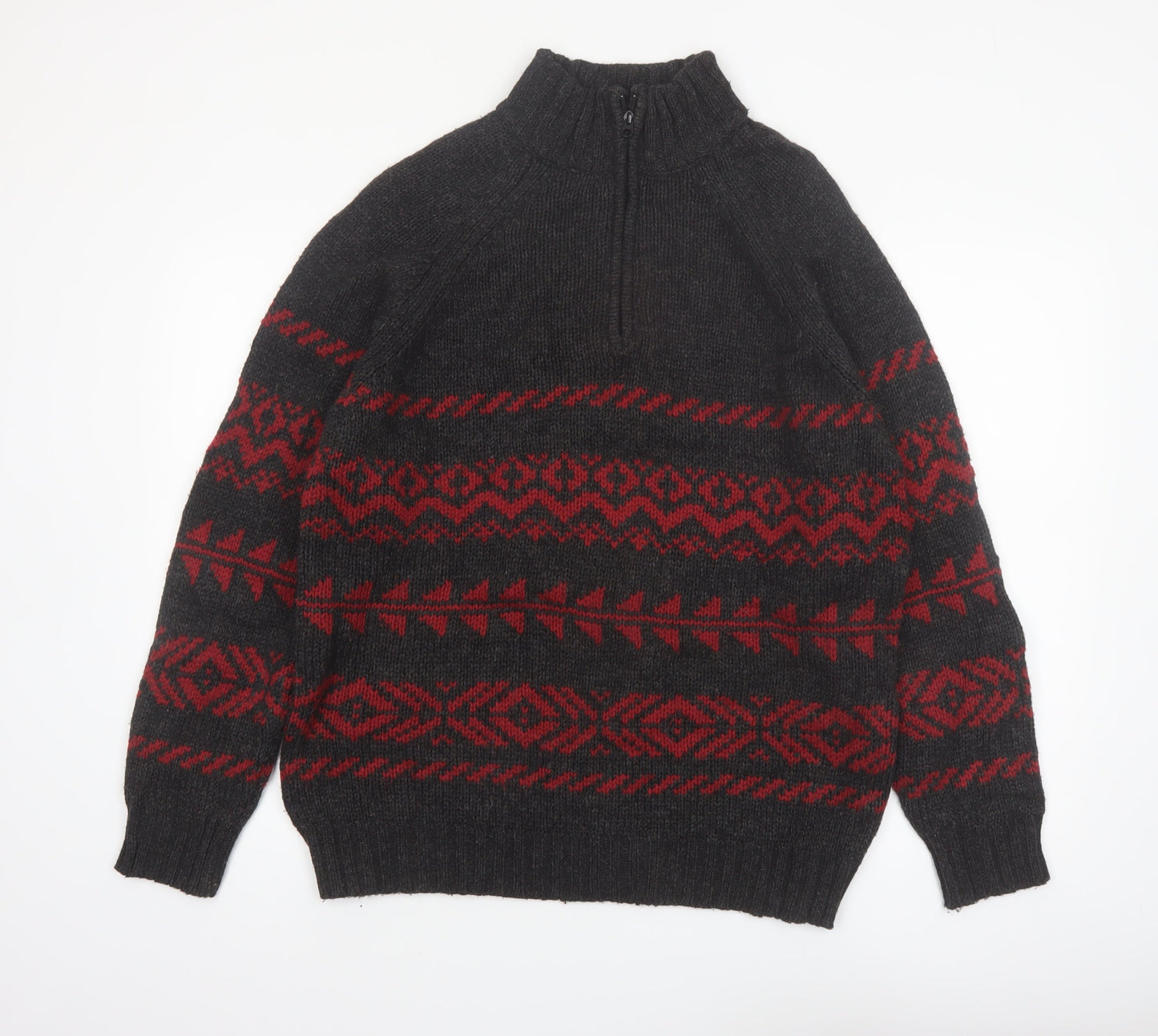 R&R Mens Black Red Fair Isle Half Zip Wool Blend Jumper M