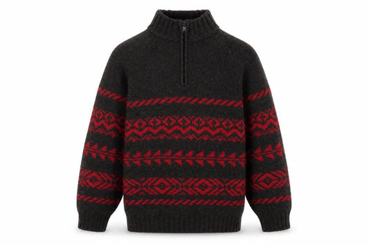 R&R Mens Black Red Fair Isle Half Zip Wool Blend Jumper M