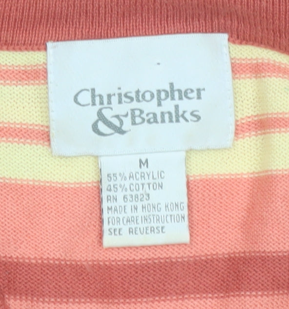 Christopher & Banks Women's Multicoloured Striped Cardigan M V-Neck Short Sleeve