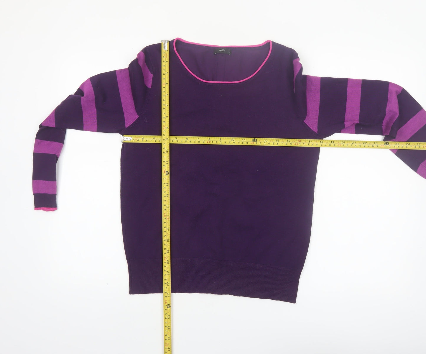 M&Co Women Purple Striped Button Back Long Sleeve Knit Cardigan Size 14