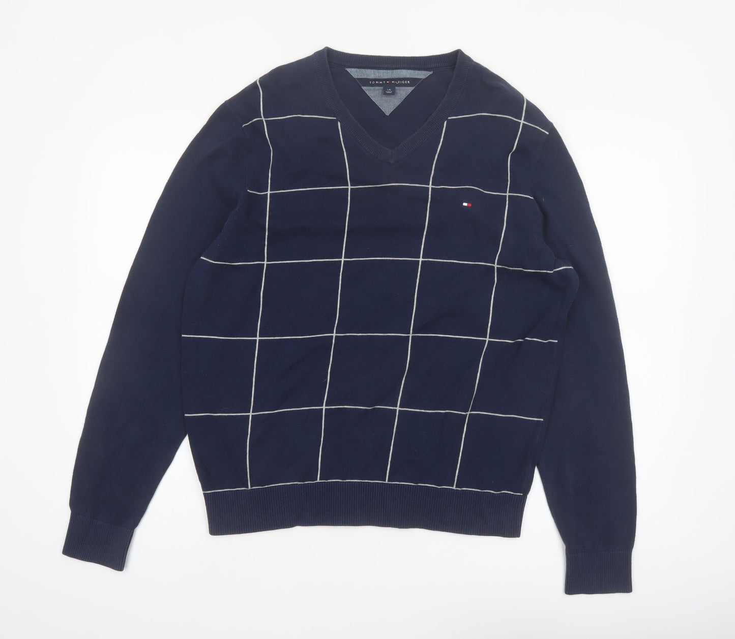 Tommy Hilfiger Men’s Blue V-Neck Check Cotton Pullover Jumper Size L