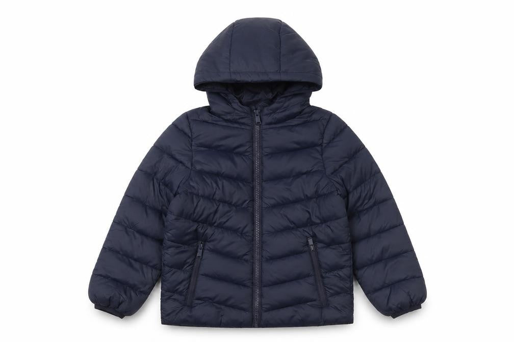 Front view of Marks & Spencer boys’ blue puffer jacket hooded 7-8 years water repellent