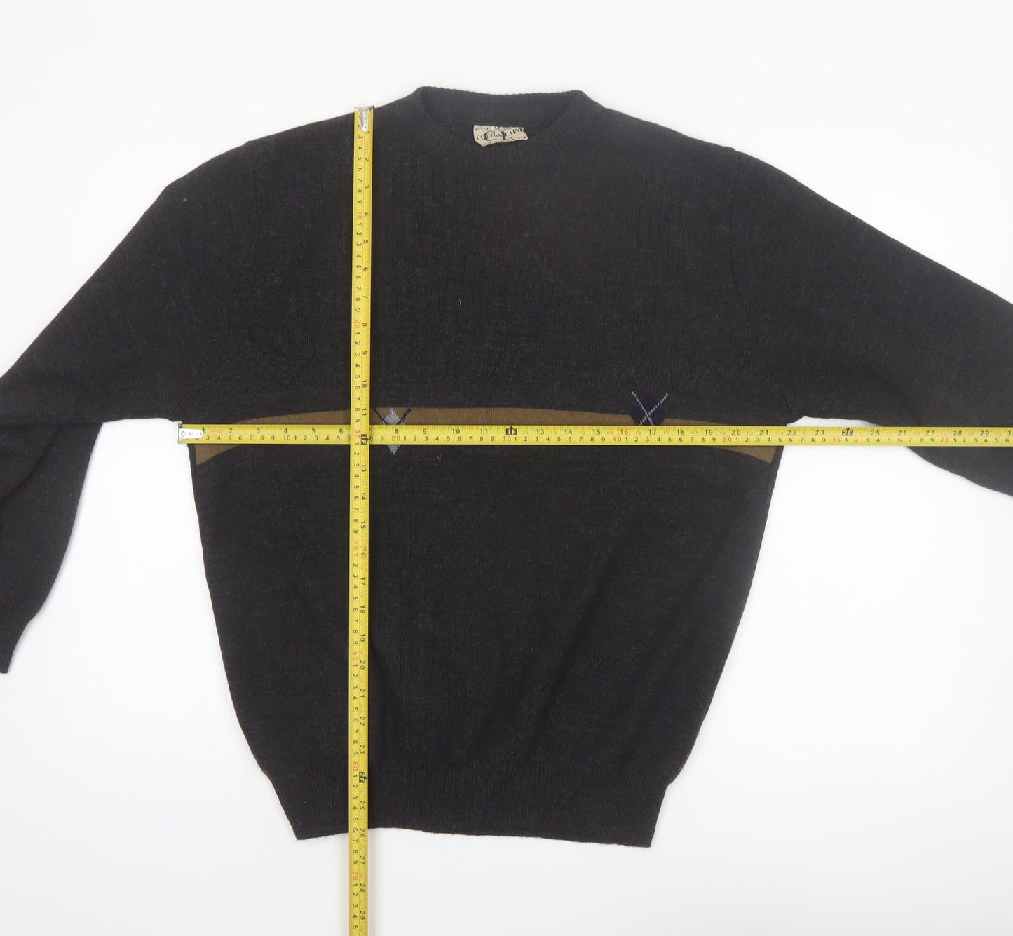 Cotton Laine Men's Black Wool Argyle Crew Neck Jumper M