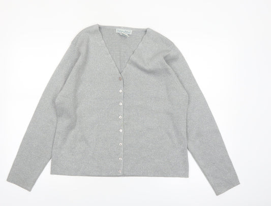 Stephanie Andrews Women's Silver L V-Neck Button Knit Cardigan