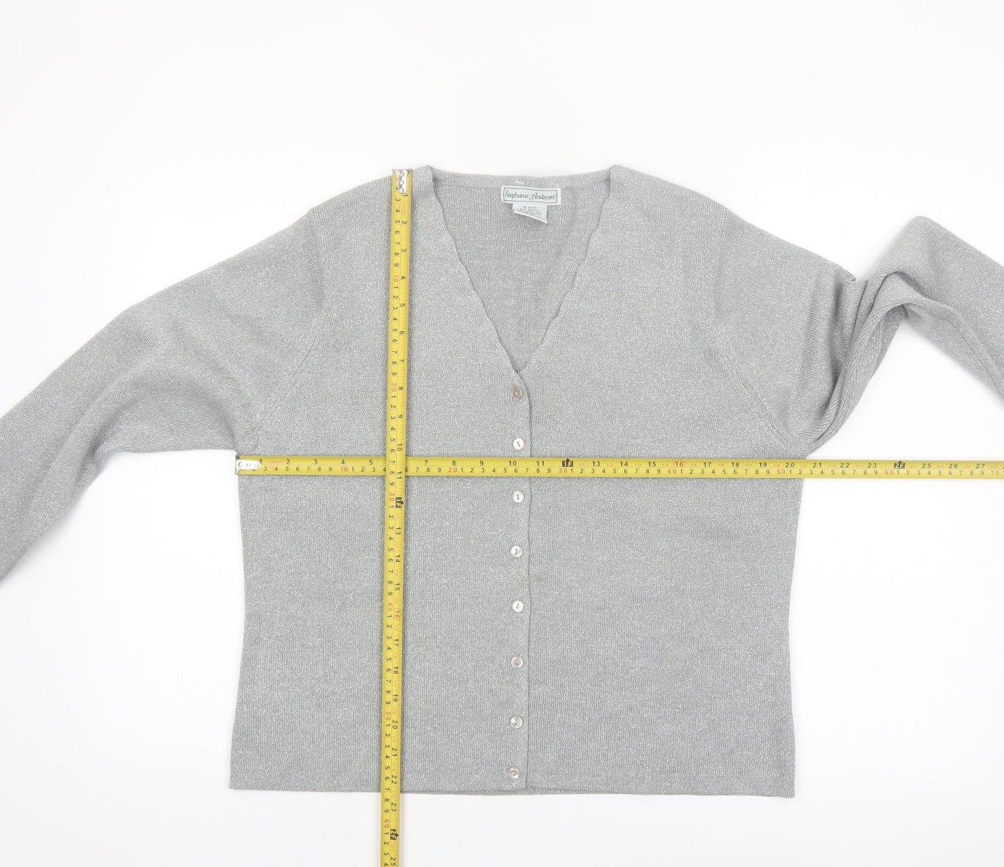 Stephanie Andrews Women's Silver L V-Neck Button Knit Cardigan