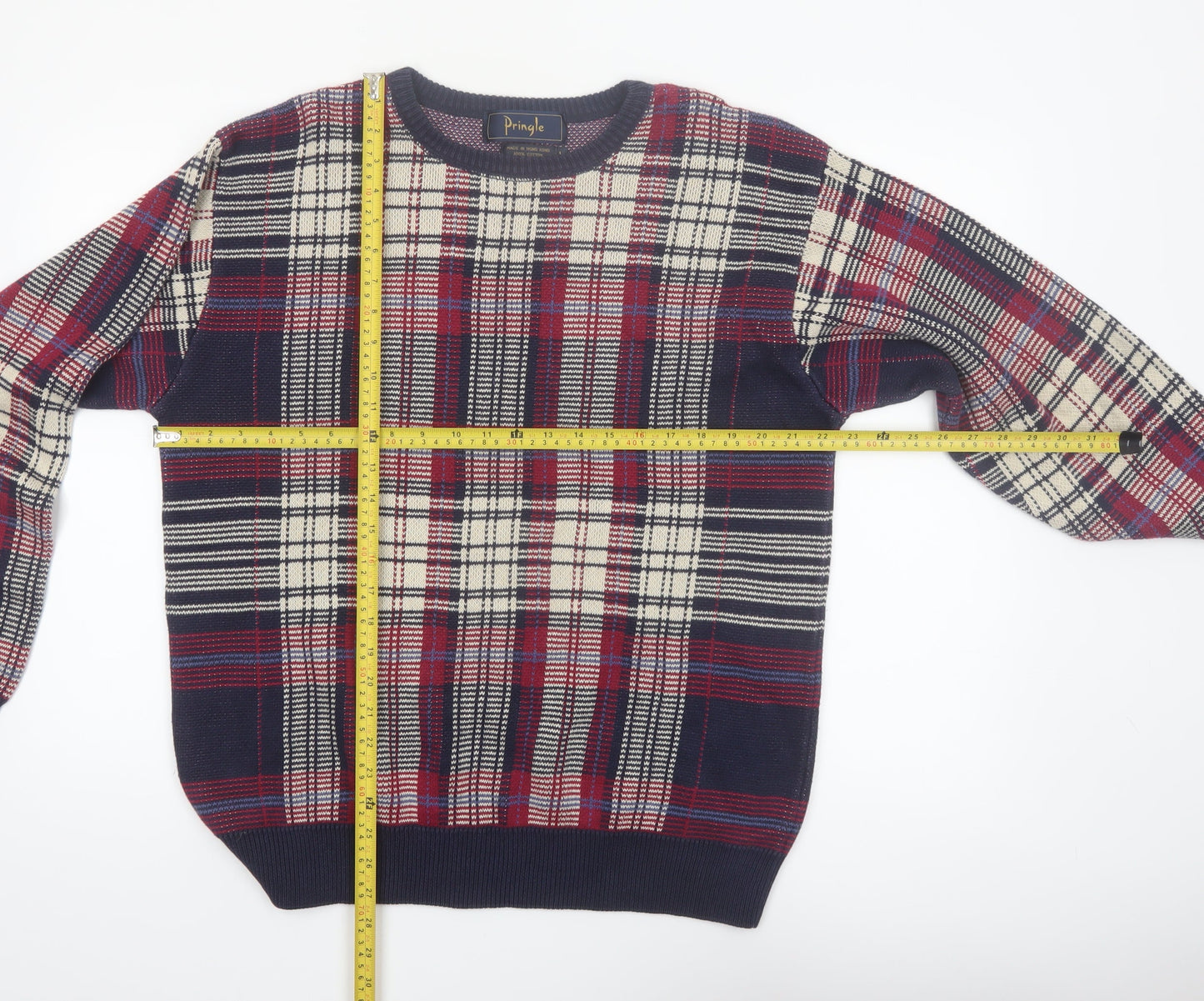 Pringle Men's Multicoloured Check Cotton Jumper L Crew Neck Vintage Knit