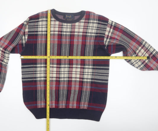 Pringle Men's Multicoloured Check Cotton Jumper L Crew Neck Vintage Knit