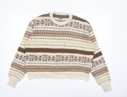 Beyond Retro Women Beige Fair Isle Wool Jumper XL