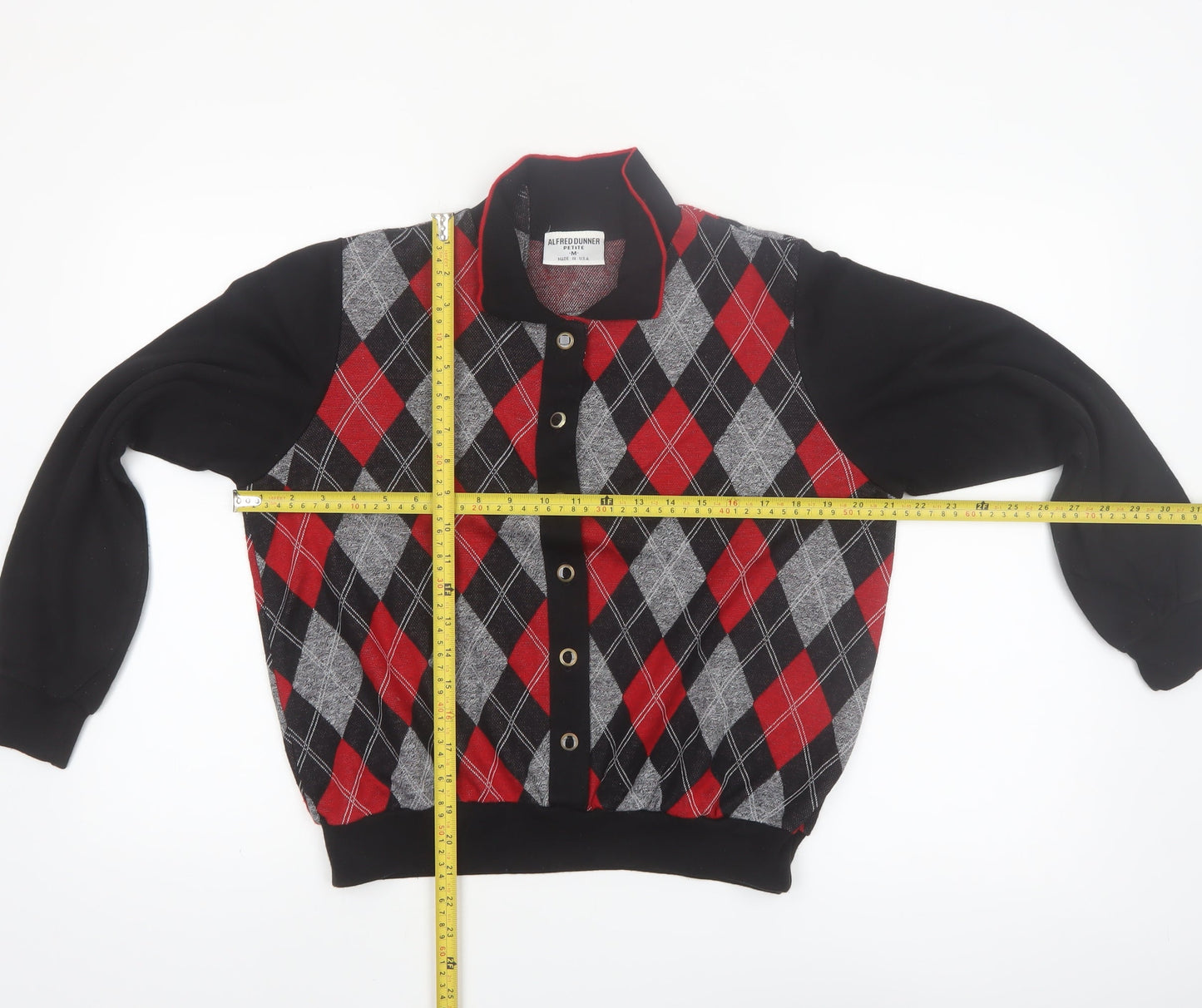Alfred Dunner Petite M Women Black Red Argyle Knit Button Jacket