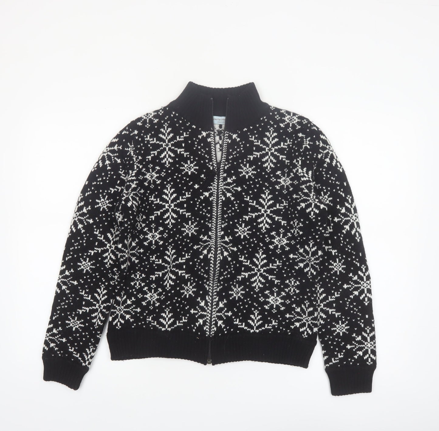 Valerie Stevens Womens Black Fair Isle Zip Up Wool Blend Jumper S