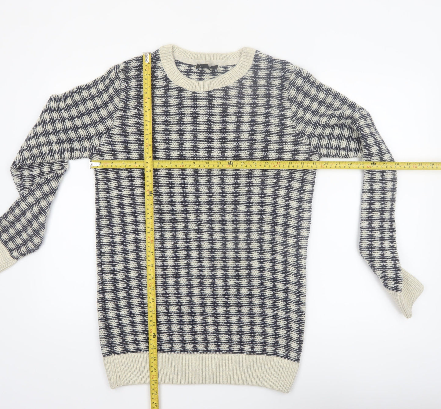 New Look Men Blue Check Knit Crew Neck Jumper Size M