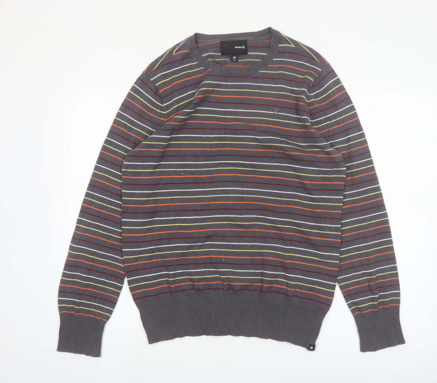 Hurley Men's Grey Striped Cotton Crew Neck Pullover Jumper M