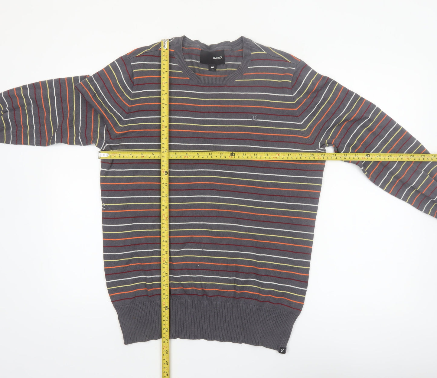 Hurley Men's Grey Striped Cotton Crew Neck Pullover Jumper M
