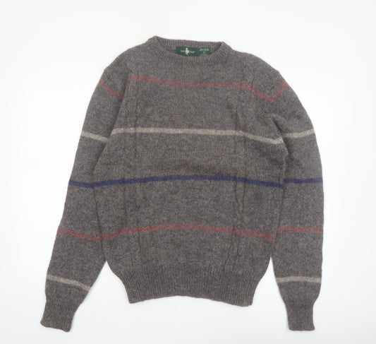 Hunt Club Men's Grey Wool Striped Crew Neck Jumper XL Vintage Pullover