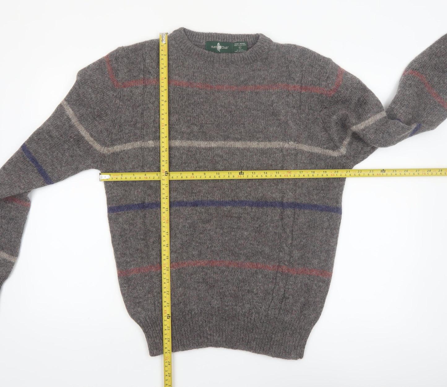 Hunt Club Men's Grey Wool Striped Crew Neck Jumper XL Vintage Pullover