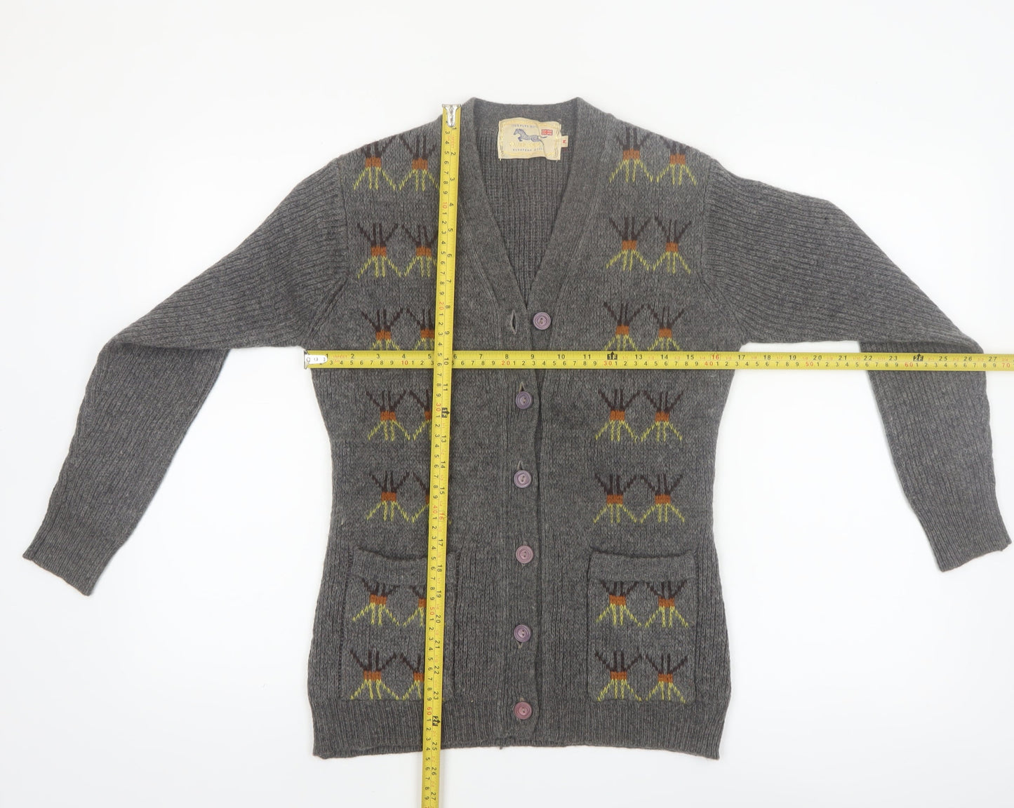 Golden Horse Women's Grey Wool Cardigan M V-Neck Geometric Vintage