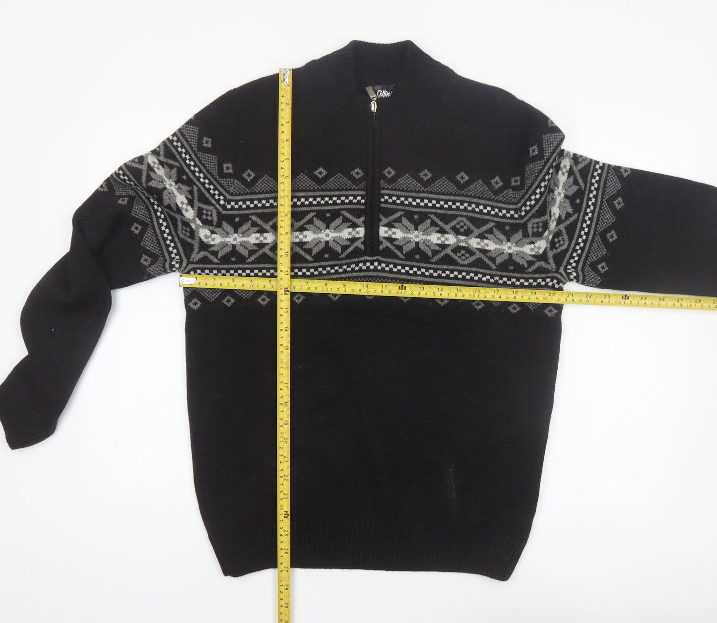 Cellini Men's Black Fair Isle Wool Blend 1/2 Zip Jumper M