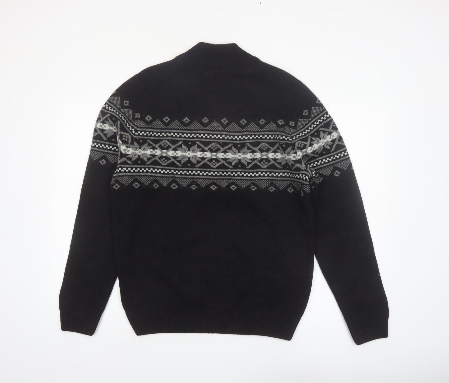 Cellini Men's Black Fair Isle Wool Blend 1/2 Zip Jumper M